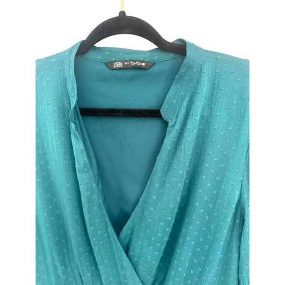 Zara Turquoise Blue Chiffon Dotted Tiered Mini Dress Size Large Long Sleeve - Picture 5 of 9